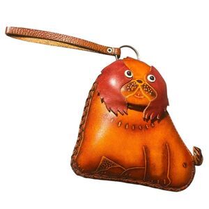 Handmade Leather Pug‎ Dog Puppy Zipper Wallet Coin Wristlet